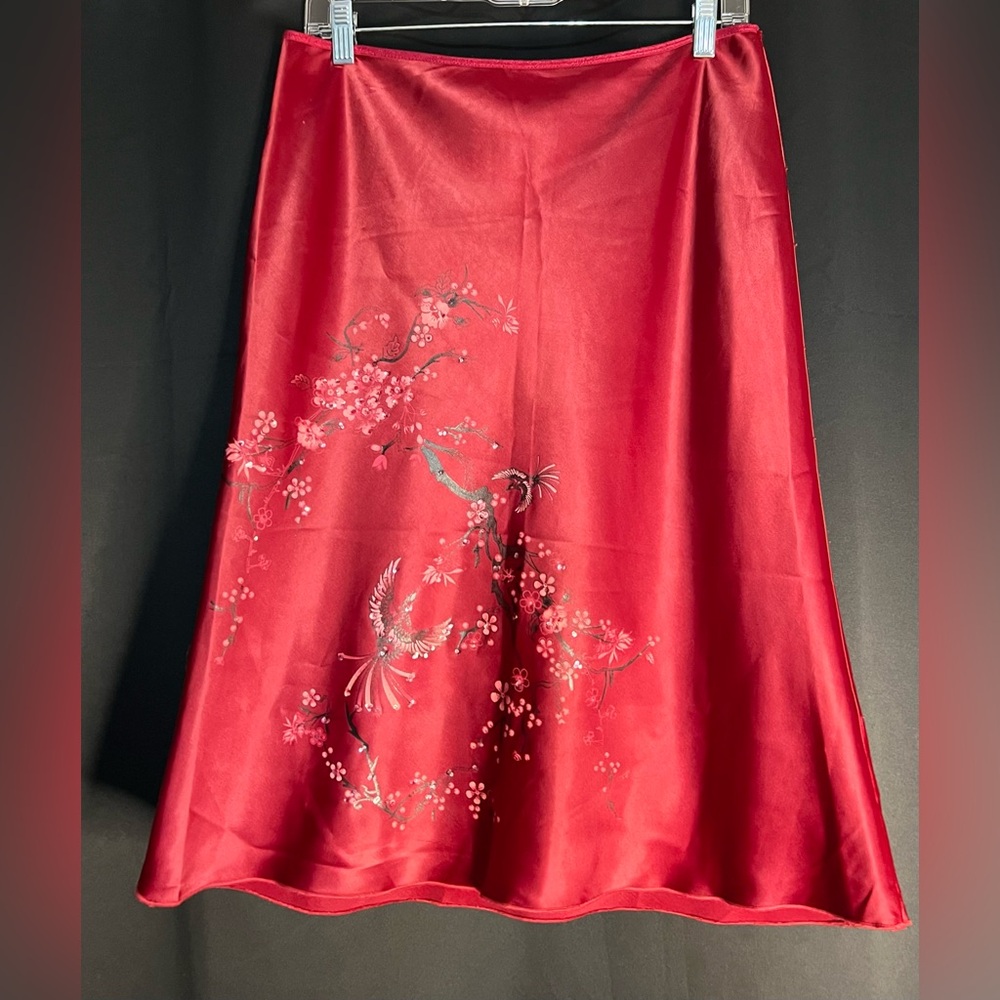 Rue21 Y2K Red Satin Flare Skirt Cherry Blossom Black Phoenix Design Women Size 9